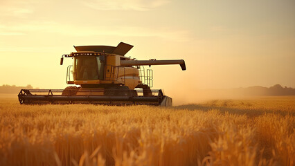 Fototapeta premium A combine harvester in a golden wheat field during harvest season symbolizing efficient crop production