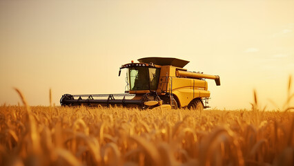 Fototapeta premium A combine harvester in a golden wheat field during harvest season symbolizing efficient crop production