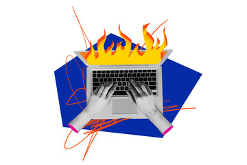 Composite creative art collage of hands type keypad flame fire cyberattack problem hacking broke...