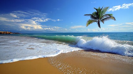 A lone palm tree stands on a tropical beach with waves crashing on the shore under a bright blue sky.