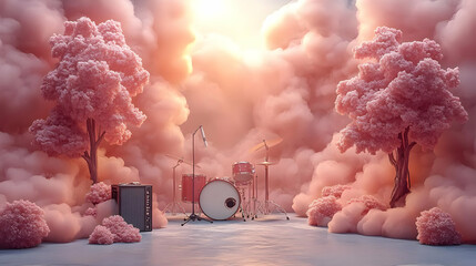 Pink Cloud Dreamscape with Drum Set and Trees