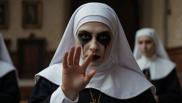 A woman in a white nun's habit with dark makeup, looking intense, is outdoors.