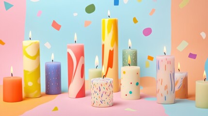 A collection of colorful candles arranged with a playful, festive background featuring soft hues and creative shapes celebrating a joyful occasion