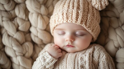 Sweet Newborn Baby Wrapped in Cozy Knitted Hat for Warmth and Comfort, Close-up of Delicate Textures