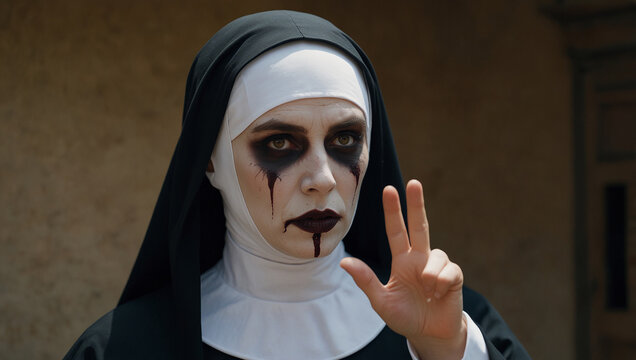 A woman in a white nun's habit with dark makeup, looking intense, is outdoors.