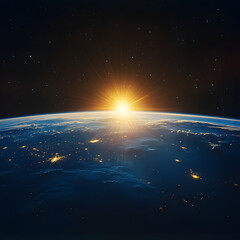 Fototapeta premium A breathtaking view of the sunrise as seen from the orbit of space, with the suns golden rays illuminating the curvature of the Earth against the vast, starstudded expanse of the cosmos, generative ai