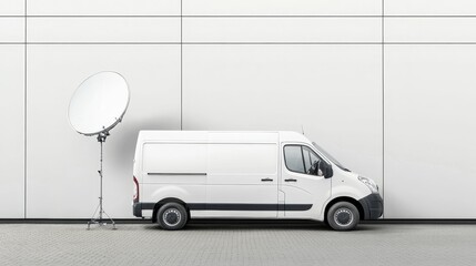 A clean white satellite van, equipped with a satellite dish, is parked beside a modern building, symbolizing communication, technology, broadcasting, and connectivity.