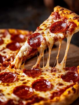 A close-up of a cheesy pepperoni pizza slice with gooey melted mozzarella cheese stretching out, the perfect combination of savory, cheesy, and delicious.