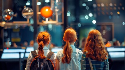 Naklejka premium Three girls with red hair are standing in front of a display of planets