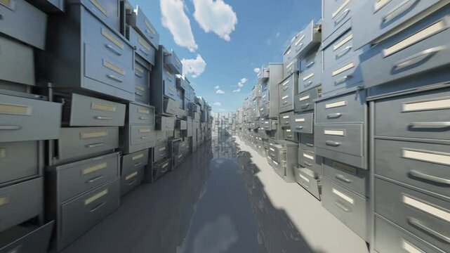 Document boxes and the sky above.