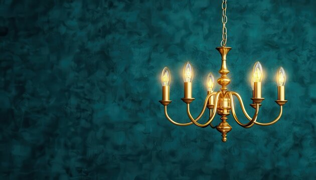 A stunning golden chandelier with six lights illuminating against a rich teal textured background, adding elegance and sophistication to any room decor.