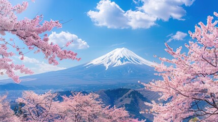 Beautiful view of Mount Fuji with pink cherry blossom trees in full bloom in the foreground