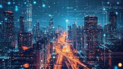 Cityscape with Digital Network Overlay