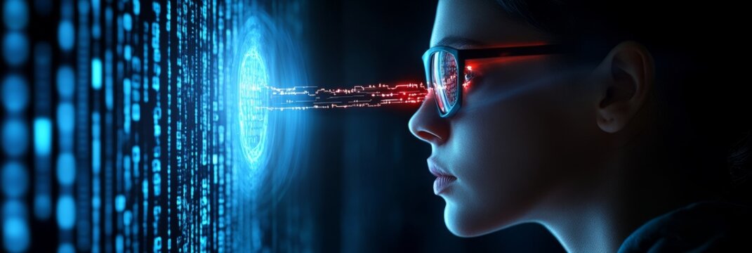 A female detective, eyes glowing red from her augmented reality glasses, deciphers a coded message hidden within a wall of digital data.