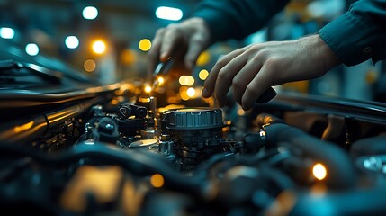 Close-up of a mechanic’s hands checking coolant levels under the hood of a car, surrounded by bright LED lighting. The service station is clean and organized,