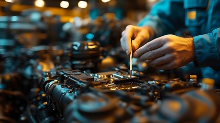 Close-up of a mechanic’s hands holding a dipstick, carefully inspecting oil levels, with engine parts visible in sharp focus.