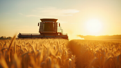 Fototapeta premium A combine harvester in a golden wheat field during harvest season symbolizing efficient crop production