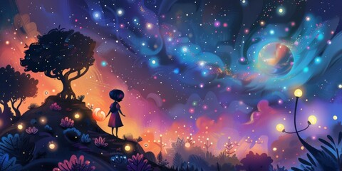 A girl is standing on a hill looking up at the stars