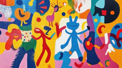 Joyful abstract scene with playful elements representing friendship and childhood through vibrant colors and imaginative figures