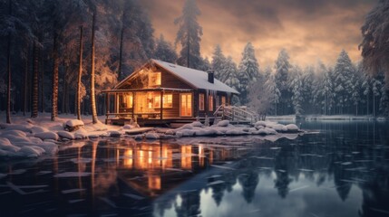 Fototapeta premium Cozy Cabin by the Lake in Winter Wonderland
