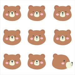 Obraz premium Cute Bear Emoji Set - Flat Style, 9 Emotions