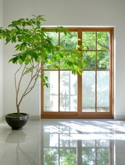 A minimalist interior design with a large window showcasing a serene outdoor view, a potted plant adds a touch of nature and tranquility to the space.