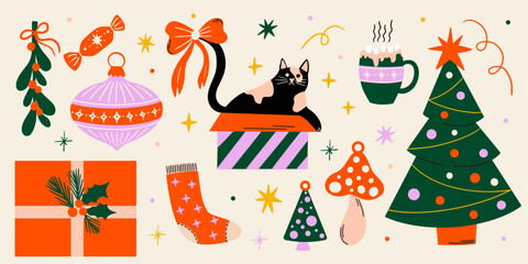 Christmas vector flat cartoon illustration set with winter holiday decorations design elements, festive ornament, xmas bauble, mistletoe, lantern, tree, gift box, cat, toys, retro sticker collection