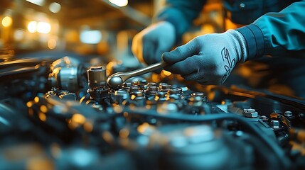 Close-up shot of a mechanic using a socket wrench to tighten bolts on a car engine, the complex engine parts are visible in sharp focus,