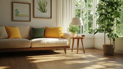 Cozy Living Room with Natural Light and Green Plants