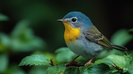Obraz premium Female beautiful bird with yellow breast perched on wooden pole with blurred background