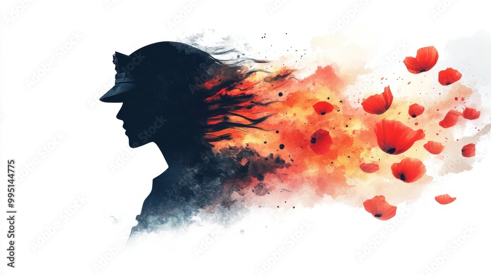 Canvas Prints Creative illustration of a soldier silhouette with watercolor poppy petals