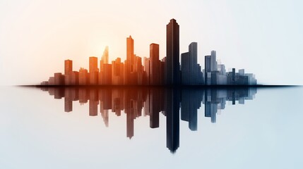 Fototapeta premium Urban skyline at sunset with reflection in water