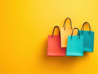 Shopping bags with discount icons flat design top view, e-commerce theme, cartoon drawing, colored pastel