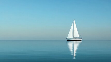 Obraz premium A simple yet striking image of a lone sailboat gliding across a tranquil sea, symbolizing peace, freedom, exploration, solitude, and tranquility.