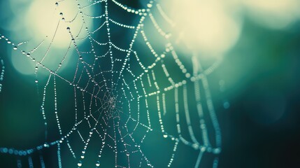 A close-up of dewdrops on a spider web in the early morning