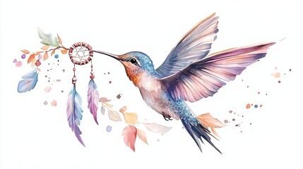 Obraz premium Colorful hummingbird with dreamcatcher and feathers
