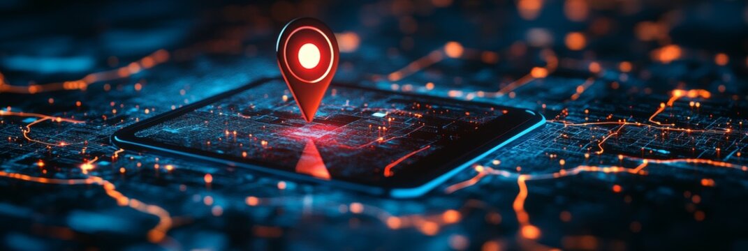 A smartphone displaying a 3D map with a red pin, symbolizing location tracking, navigation, and GPS technology.