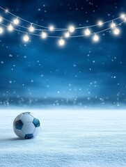 Naklejka premium A snowy football field illuminated by festive lights, capturing the essence of winter sports, holiday cheer, and the anticipation of a game.