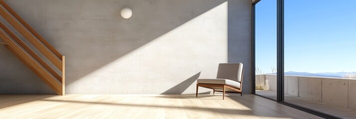 A spacious and airy modern minimalist house interior with natural light streaming in through a large window, showcasing a comfortable chair and a contemporary wooden staircase.