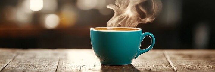 A steaming cup of coffee on a wooden table, perfect for a morning pick-me-up, relaxation, or a cozy moment. Enjoy a warm beverage, a cozy atmosphere, and a comforting drink.