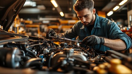 Mechanic checking the engine of a performance car for safety compliance, using high-tech tools under bright workshop lighting.