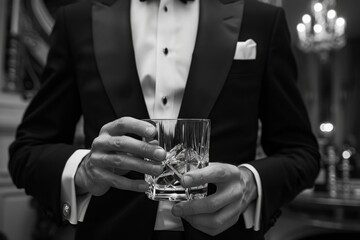 Black And White Event. Elegant Gentleman in Tuxedo Holding Whiskey Glass in Mansion