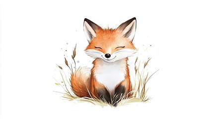 Obraz premium Cute cartoon fox sitting in grass with a cheerful expression