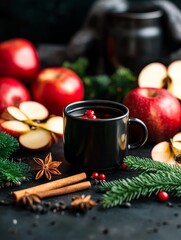 A steaming mug of warm apple cider with star anise and cinnamon sticks, perfect for a cozy autumn evening.  The aroma of cinnamon and cloves fills the air.  The red apples and green fir branches creat