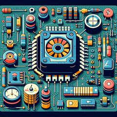 Electronic circuit board with processor and electrical component. Electronics in Green PCB Board or Motherboard Vector Flat Design