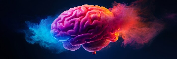 A vibrant and abstract brain art illustration with colorful smoke representing creativity, imagination, thought, and knowledge.