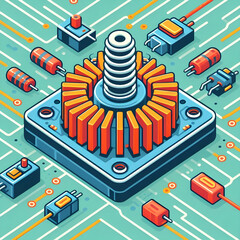 Electronic circuit board with processor and electrical component. Electronics in Green PCB Board or Motherboard with Gear Vector Flat Design