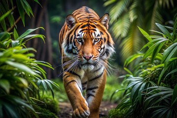 Obraz premium Magnificent tiger walking through lush jungle