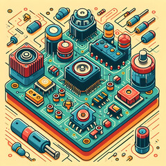Electronic circuit board with processor and electrical component. Electronics in Green PCB Board or Motherboard Vector Flat Design