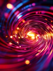 Abstract spiral of light and color with glowing orbs, representing energy, movement, and cosmic wonder.